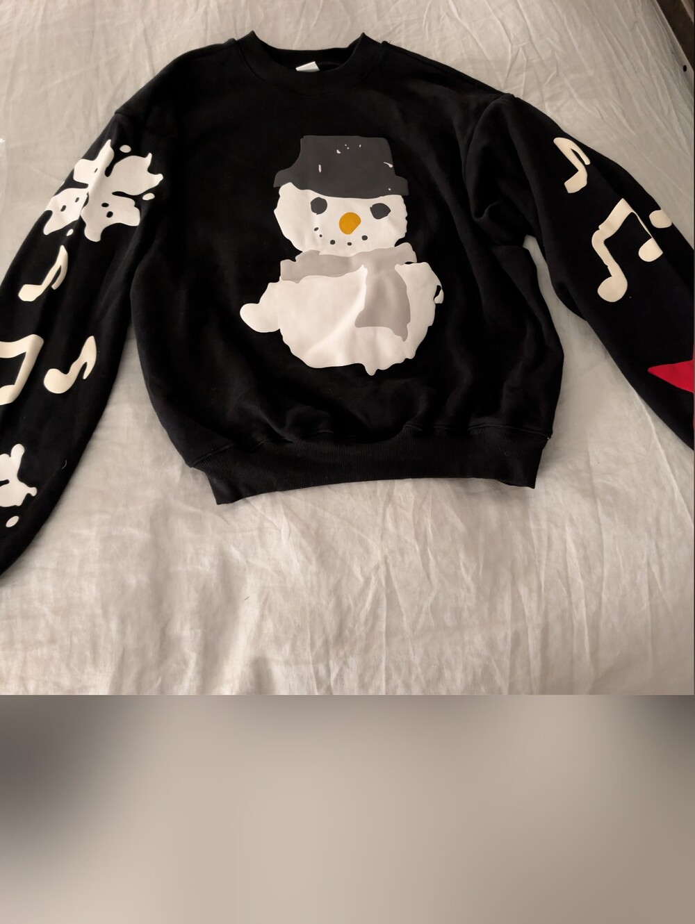 SKIMS RARE Black Crewneck Sweater with White Snowman Graphic and Red Star NWOT